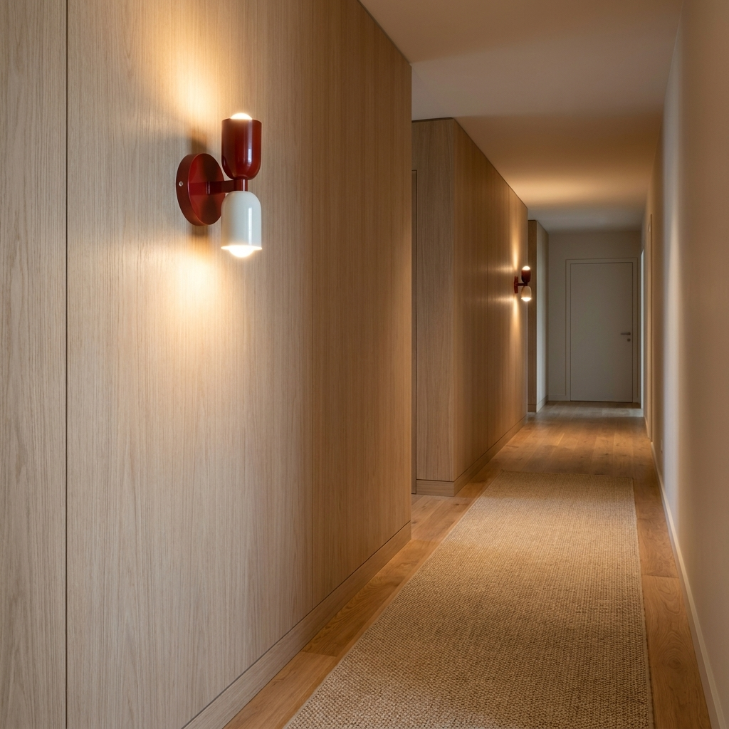Un pasillo largo con paneles de madera, una alfombra y apliques de pared.