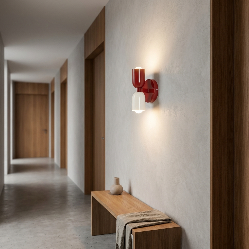Pasillo con lámpara de pared roja moderna, banco de madera y puertas.