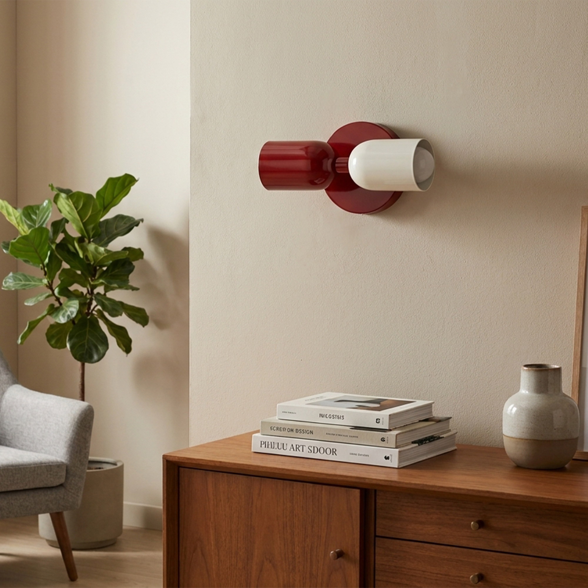 Una lámpara de pared moderna roja y blanca sobre una cómoda de madera con libros y jarrón.