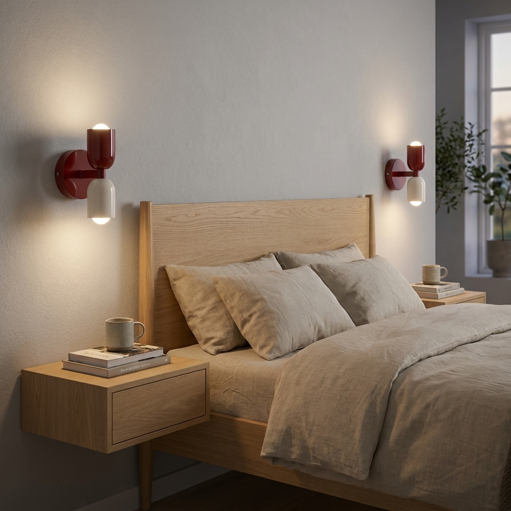 Una cama de madera con ropa de cama beige y dos mesitas de noche con lámparas.