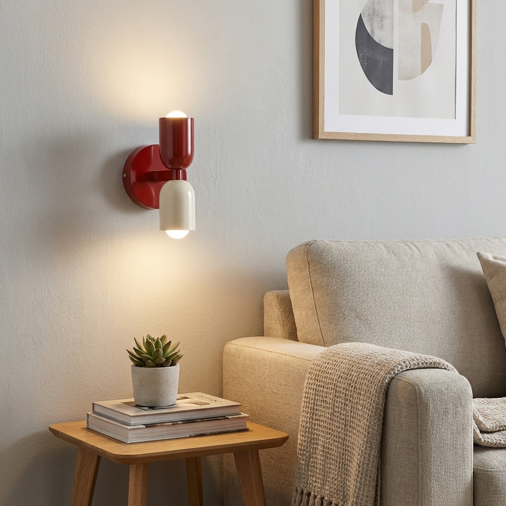 Aplique de pared rojo y crema ilumina una planta pequeña en mesa auxiliar junto a sofá.