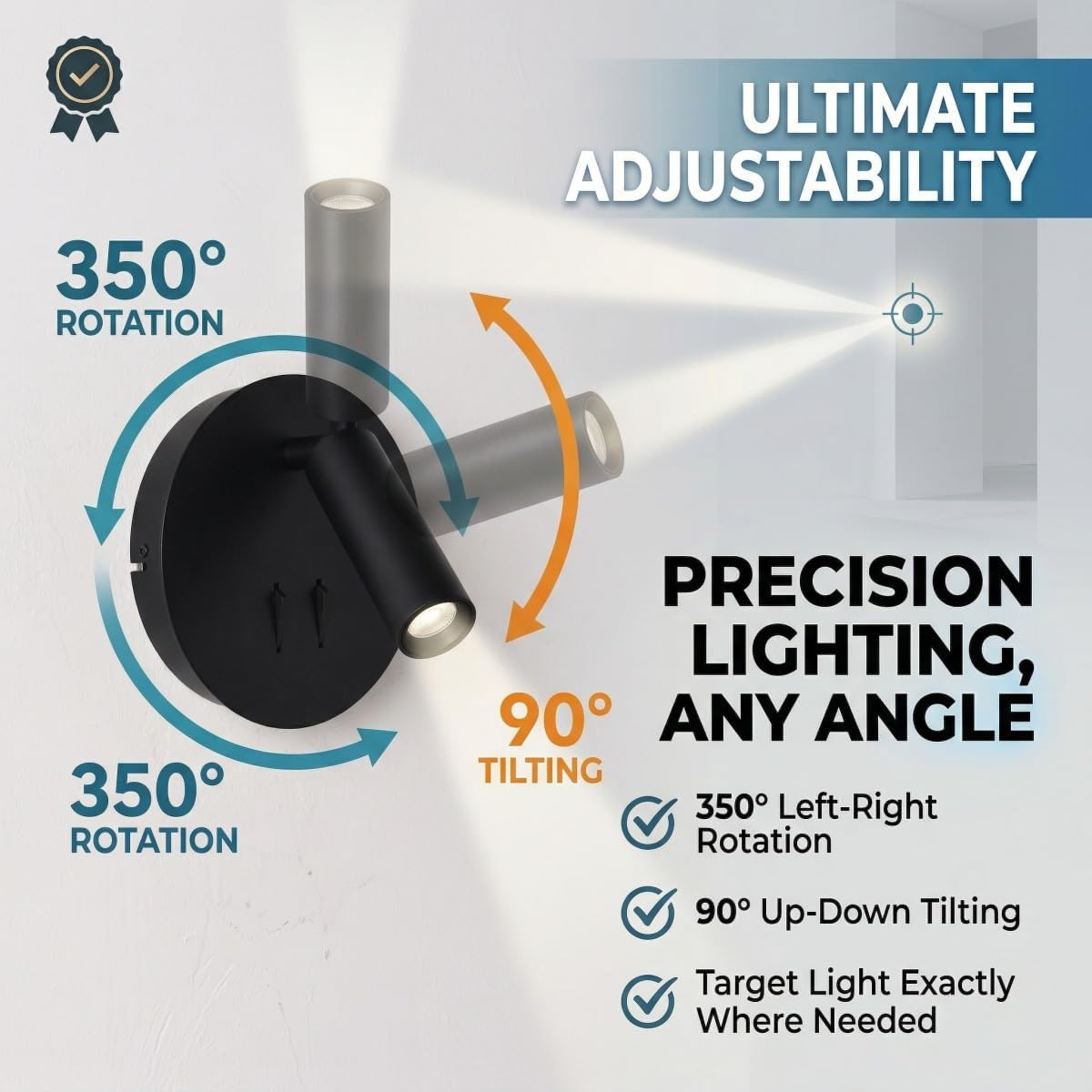 Foco de pared negro con rotación de 350° e inclinación de 90° para luz precisa.