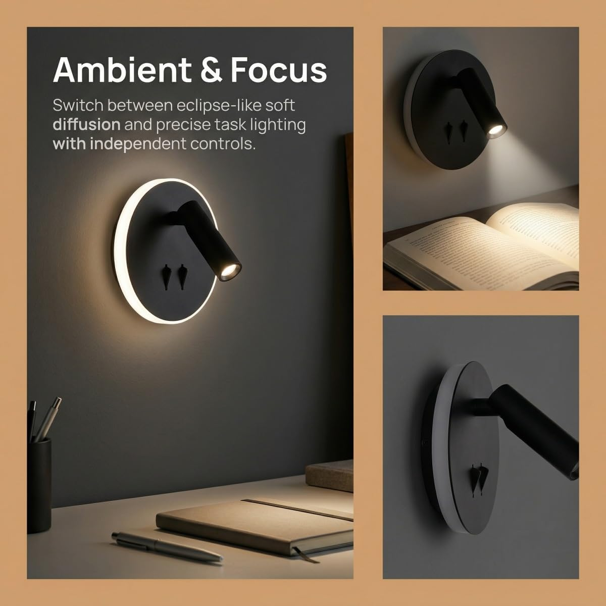 Moderna lámpara de pared negra con opciones de iluminación ambiental y focal en pared oscura.