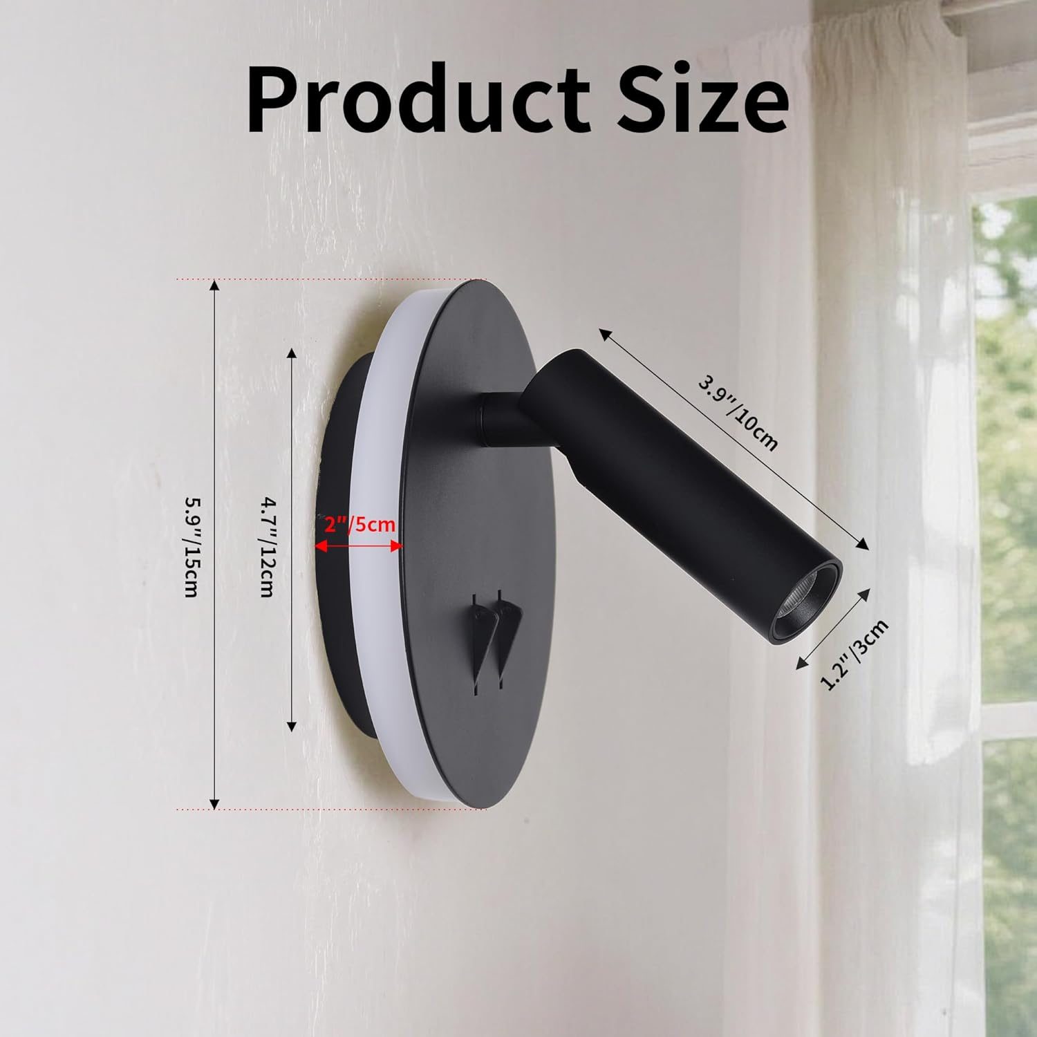 Foco de pared negro con dimensiones: 15cm Al, 12cm base, 10cm proyecc.