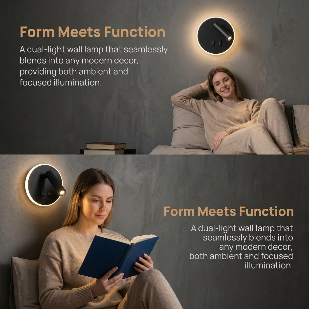 Mujer lee libro junto a lámpara de pared. Mitad superior muestra mujer en cama.