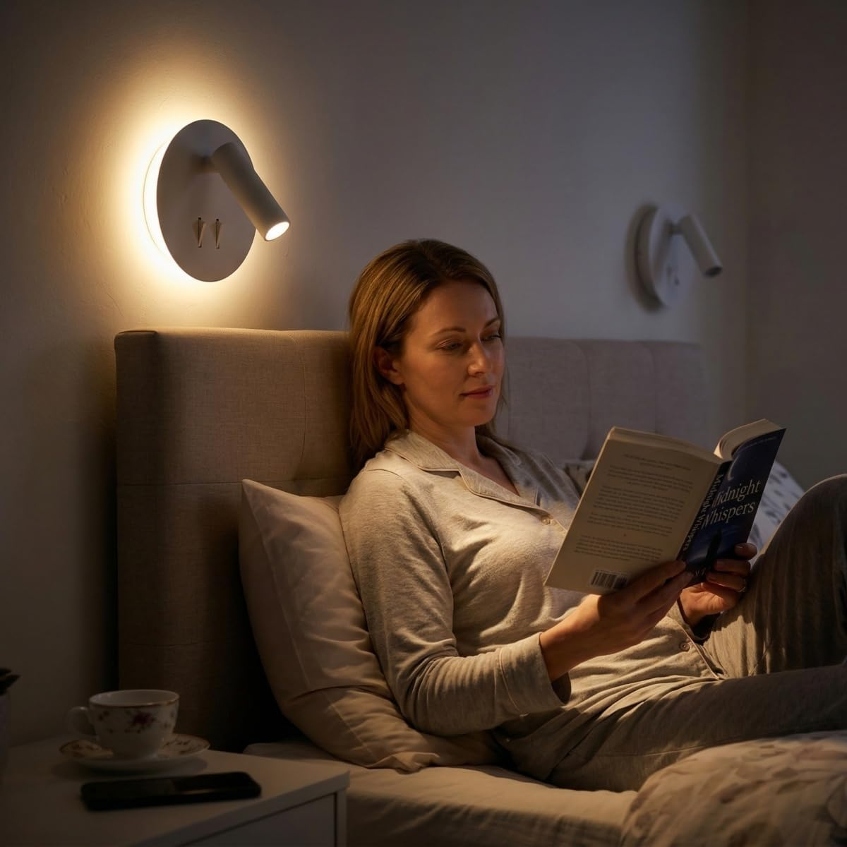 Una mujer lee un libro en la cama, iluminada por una lámpara de pared.