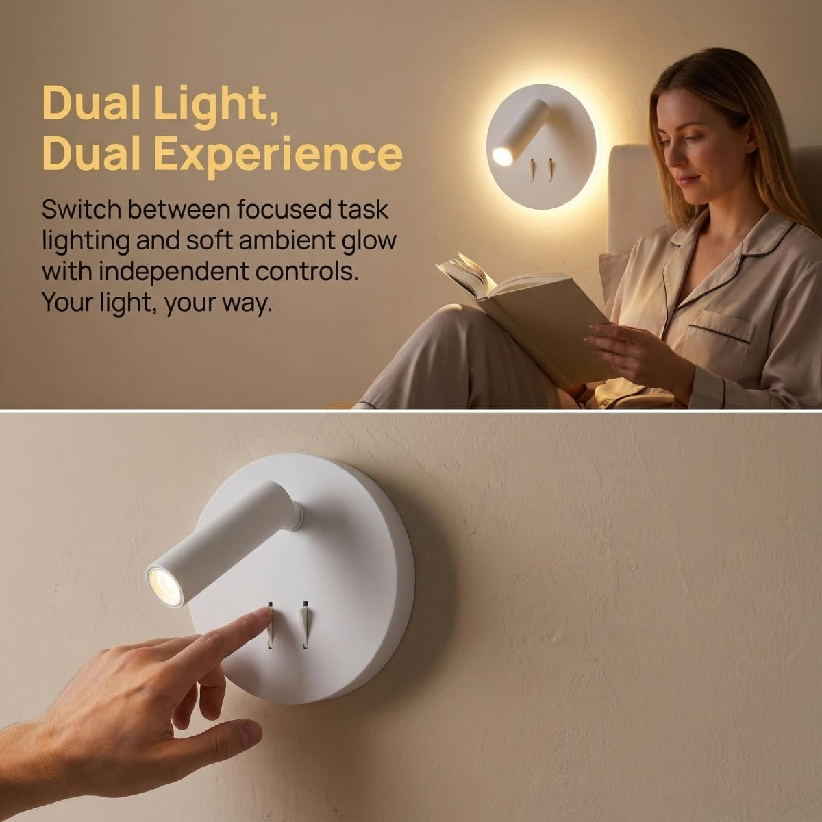 Una mujer lee un libro iluminada por una lámpara de pared de doble modo.