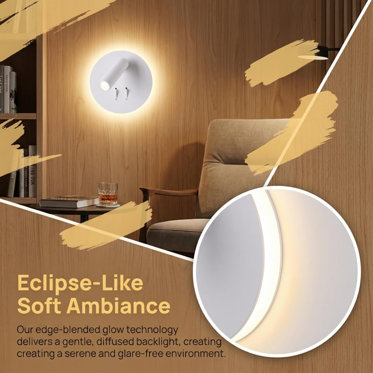 Un aplique de pared blanco ilumina paneles de madera junto a un sillón. Primer plano muestra efecto.