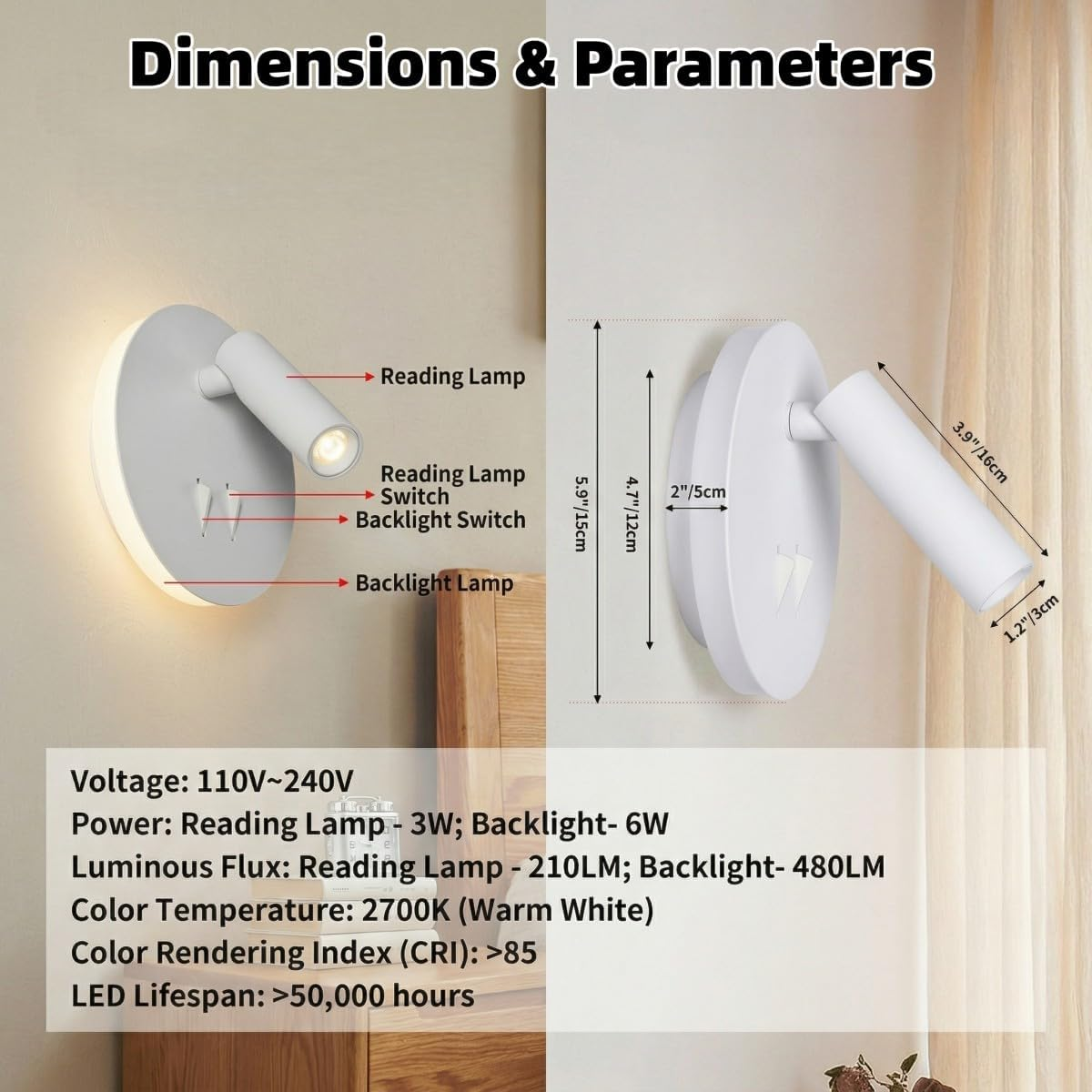 Lámpara de pared blanca con luz de lectura y retroiluminación, dimensiones y especificaciones.