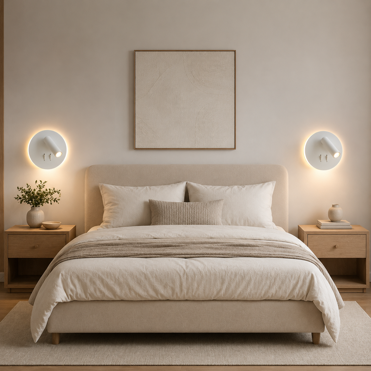 Un dormitorio luminoso con cama doble, mesitas de noche y apliques de pared.