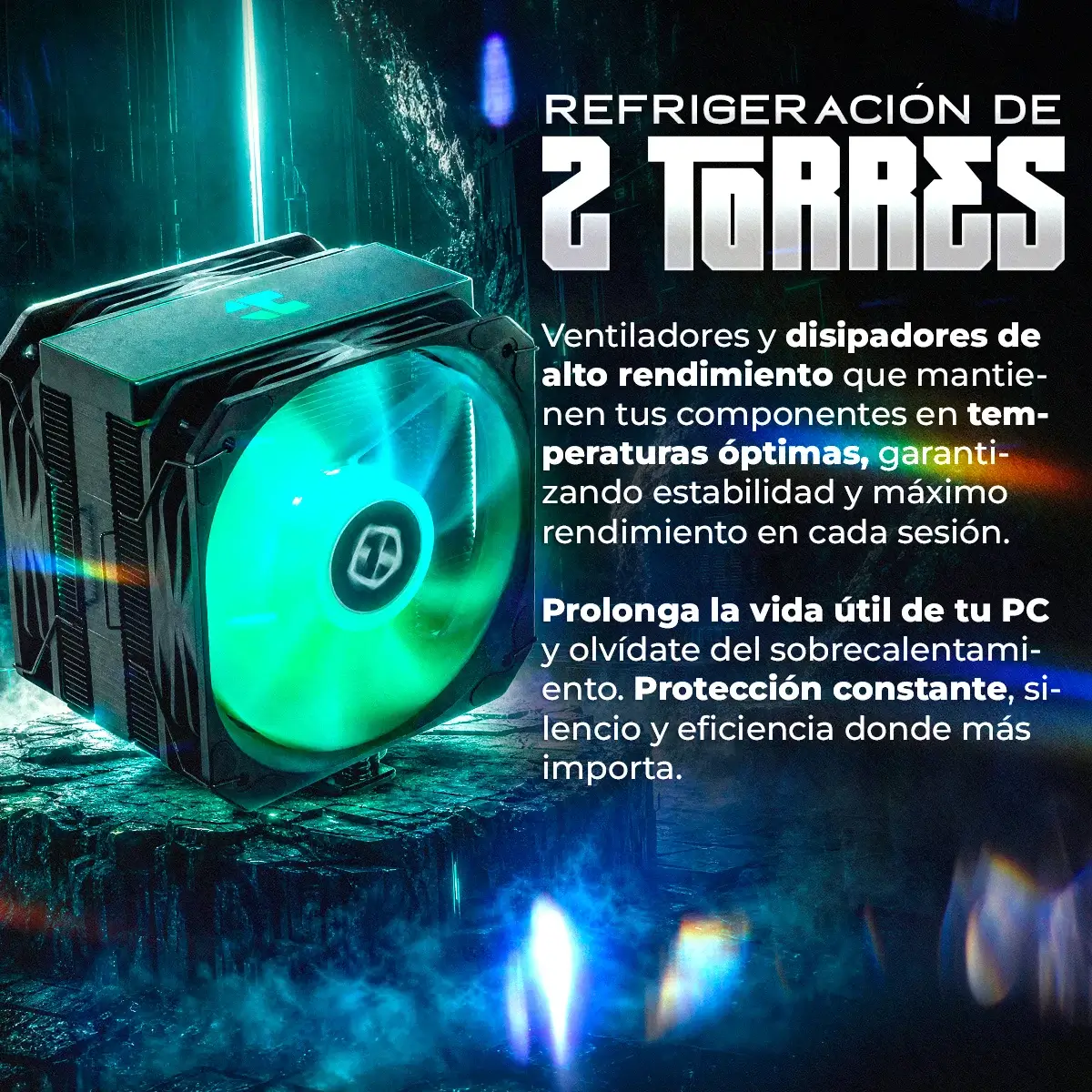 Un dissipatore CPU a doppia torre con illuminazione verde su sfondo scuro e nebbioso.