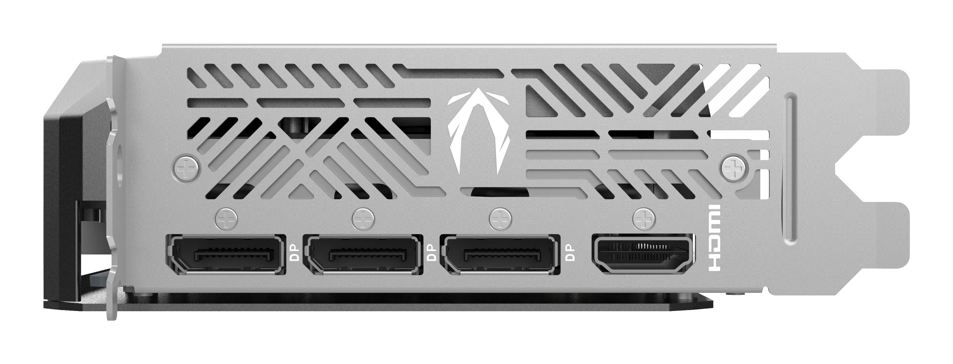 Zilveren grafische kaart met ventilatieopeningen, drie DP en één HDMI-poort.