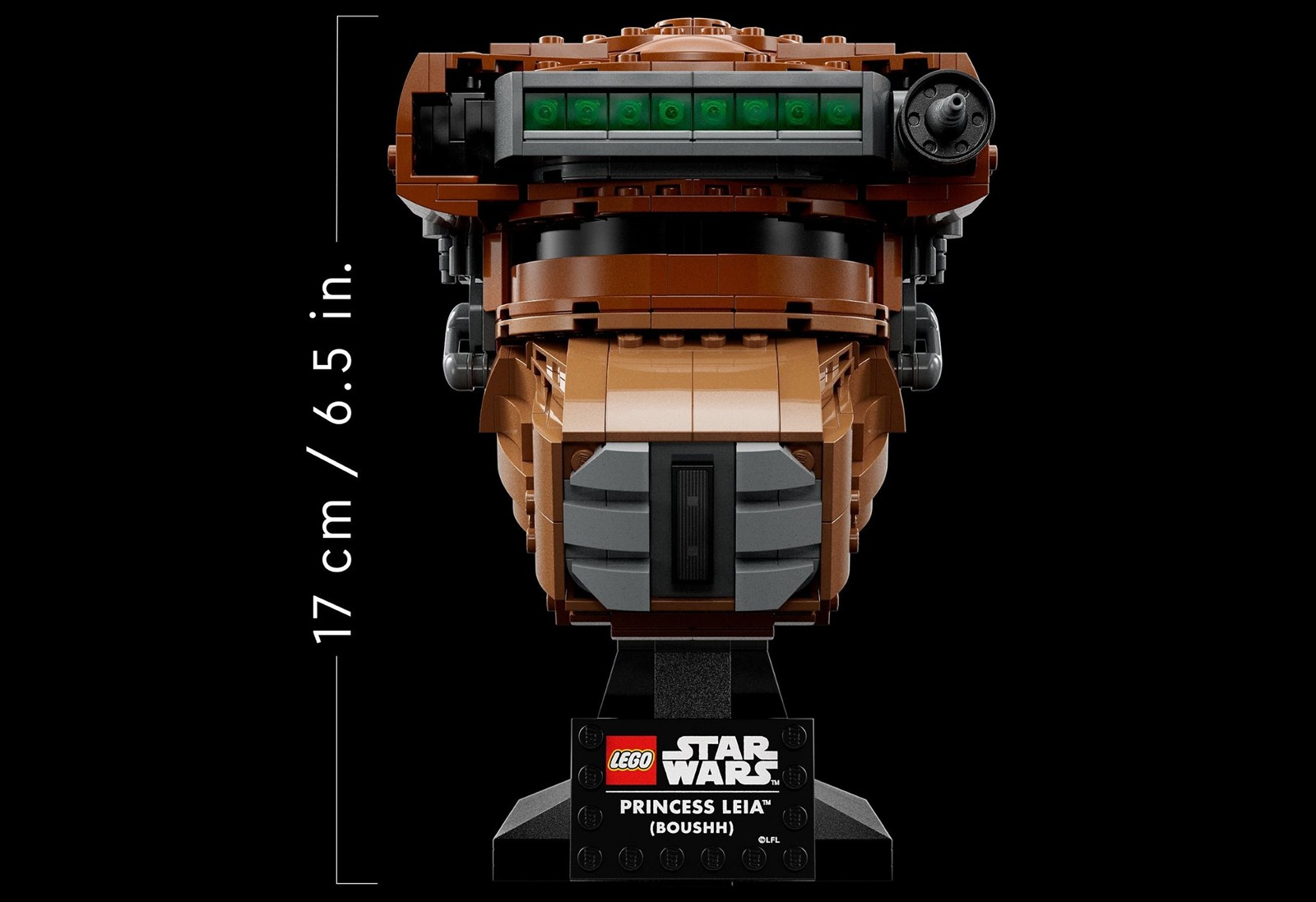 Ein LEGO-Helm von Prinzessin Leia (Boushh) in Braun mit grünen Visieren.