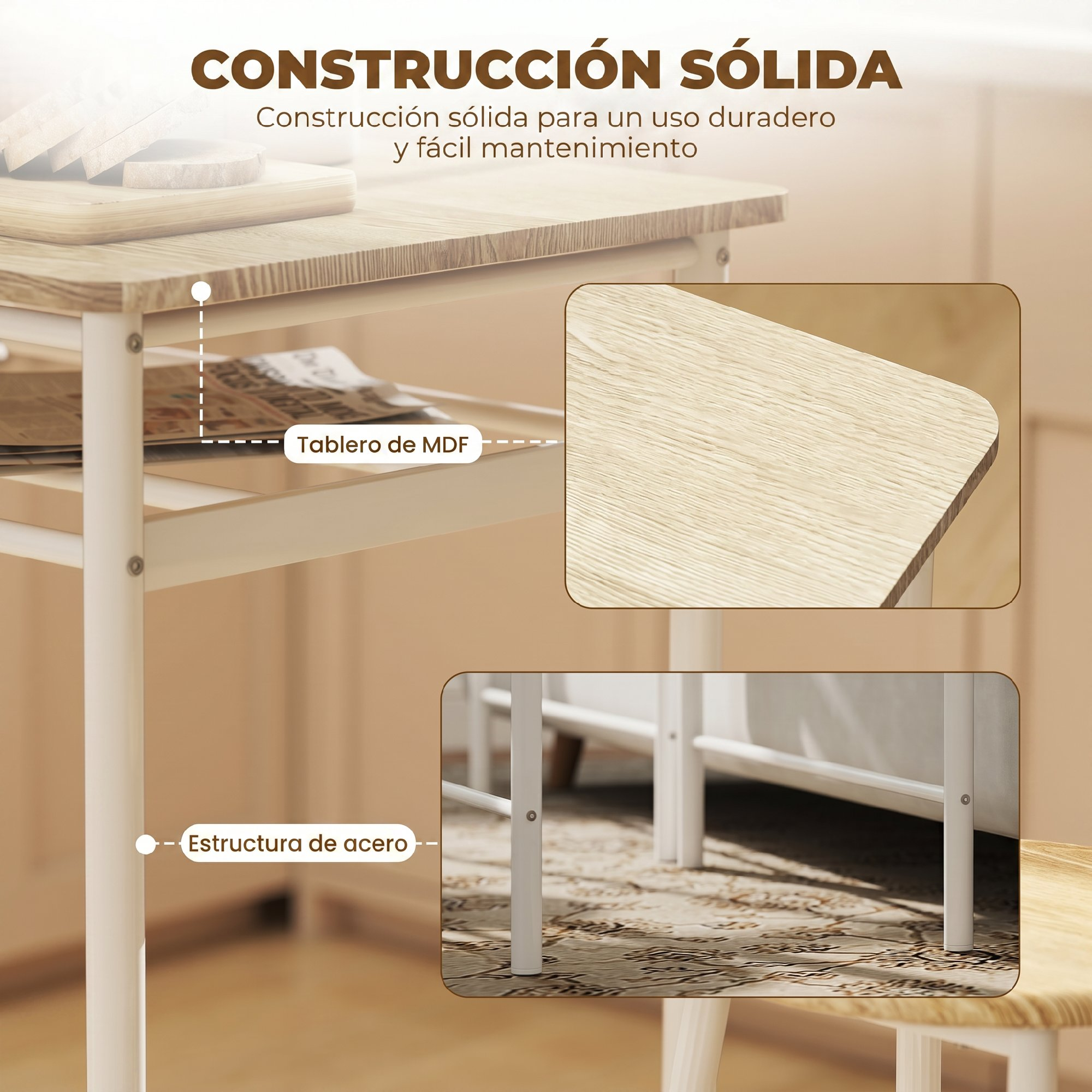 Mesa de comedor con tablero de chapa de madera, marco de acero blanco y dos estantes.