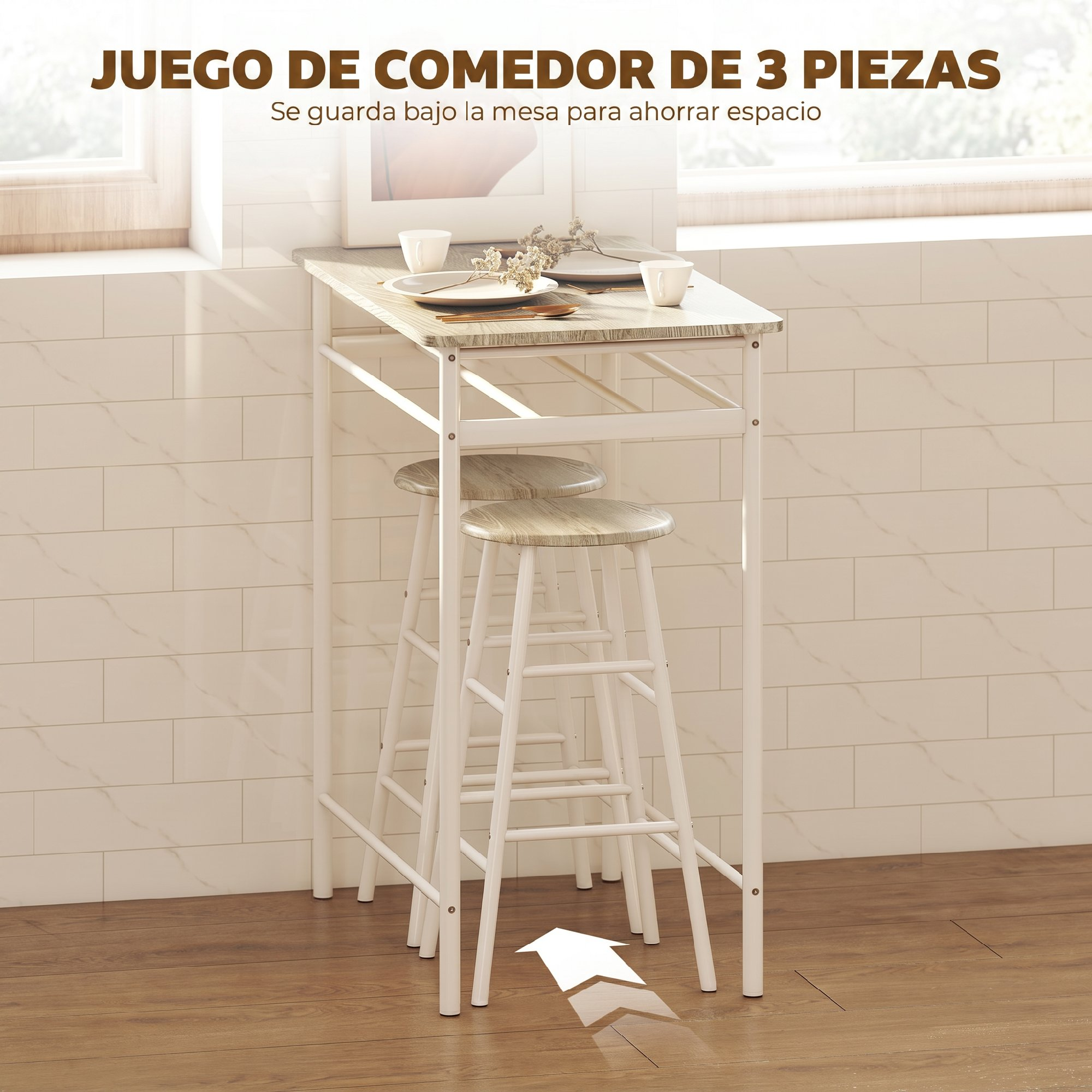 Un juego de comedor de madera y metal con dos taburetes debajo.