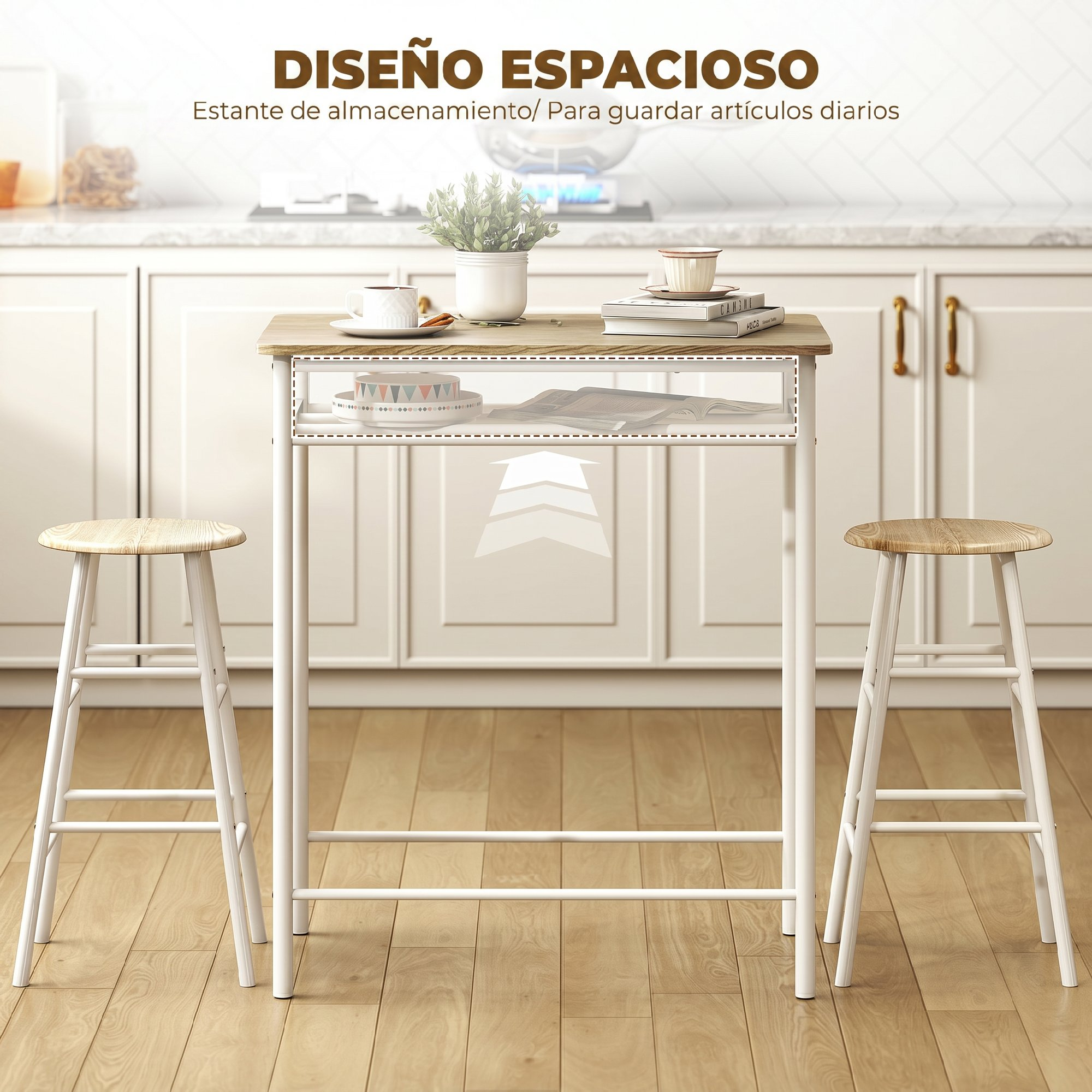 Una mesa de cocina estrecha con dos taburetes delante, con un cajón.