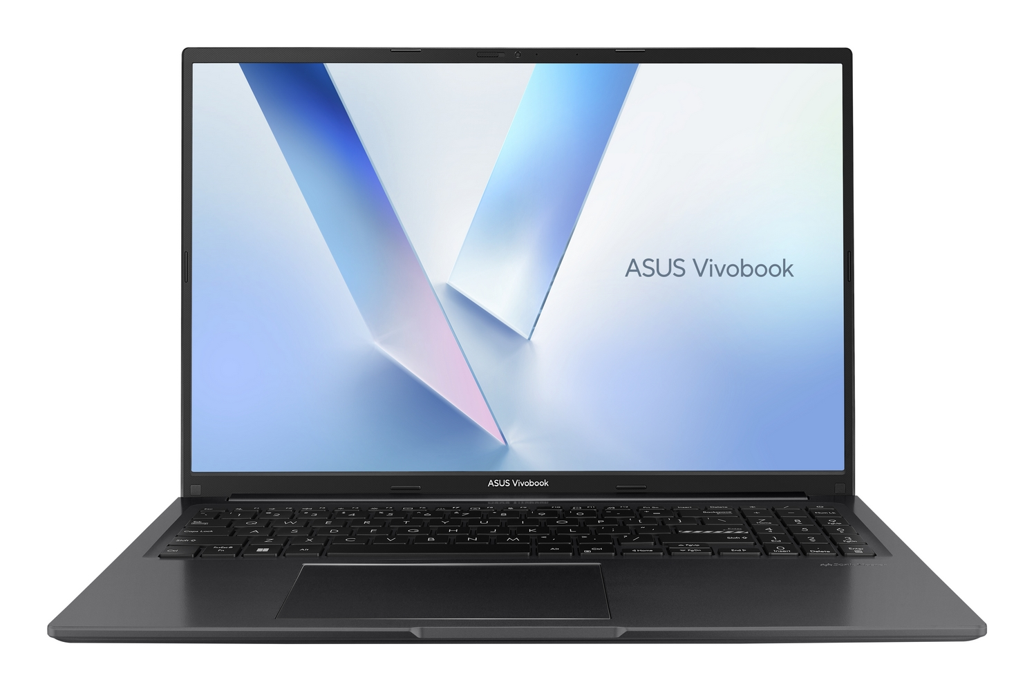 Un laptop Asus Vivobook grigio scuro, vista frontale con tastiera illuminata.