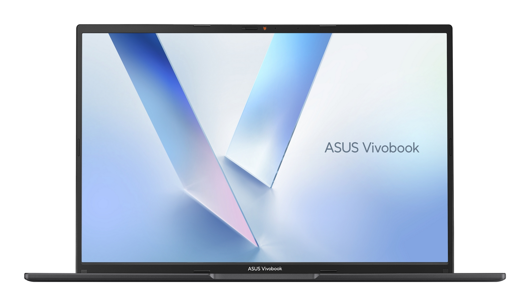 Un laptop Asus Vivobook scuro con uno sfondo astratto sullo schermo.