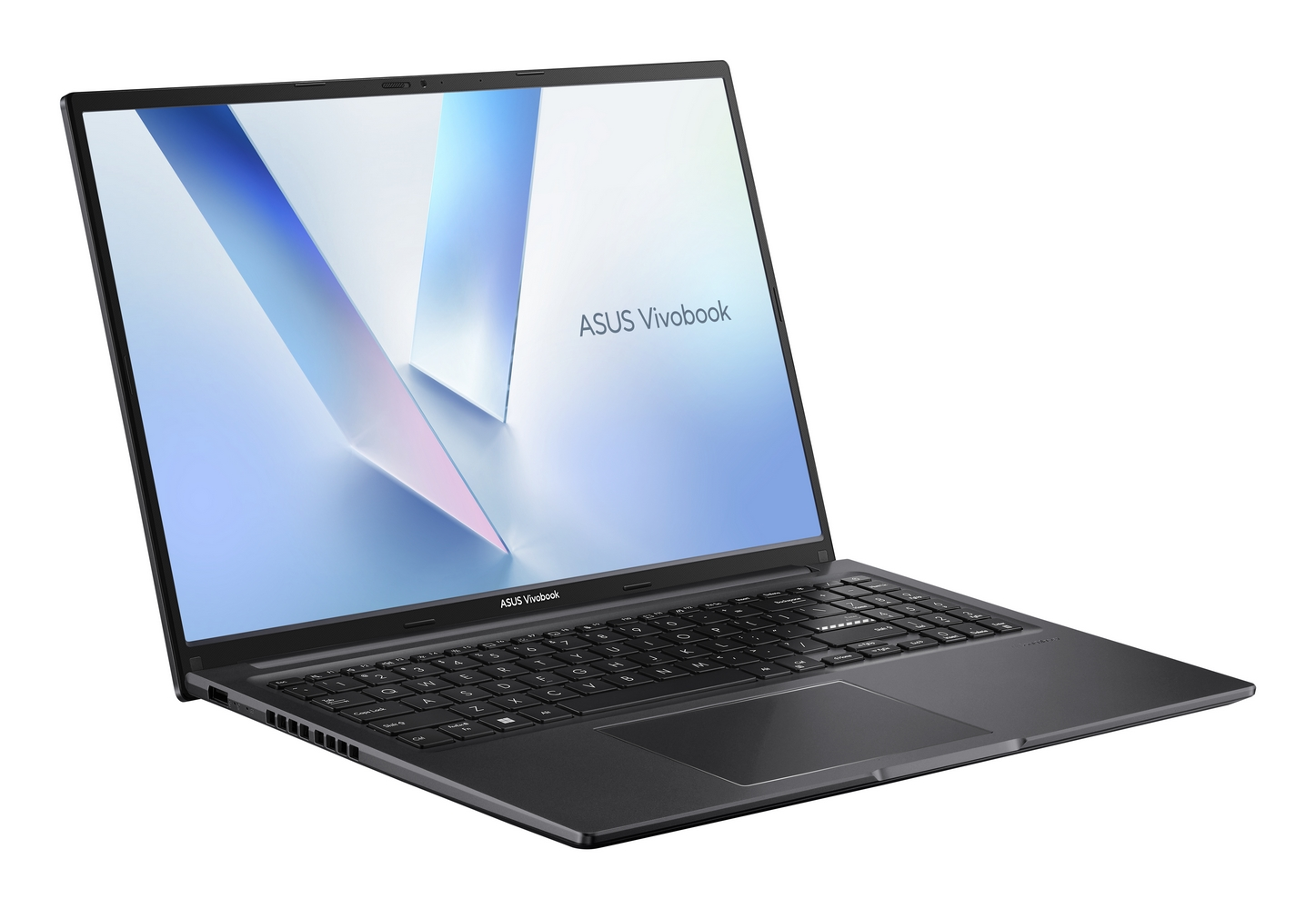 Un laptop ASUS Vivobook aperto e scuro su sfondo bianco con uno sfondo astratto.