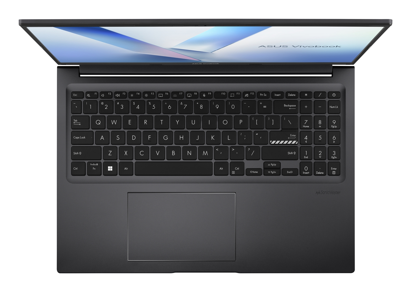 Un laptop scuro con schermo aperto che mostra un display ASUS Vivobook.