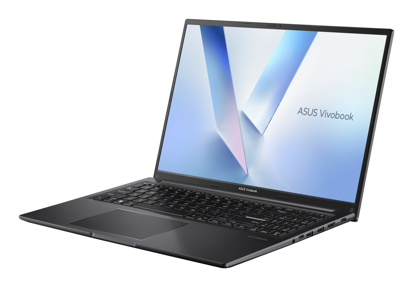 Un laptop ASUS Vivobook scuro ed elegante con tastiera retroilluminata e schermo aperto.