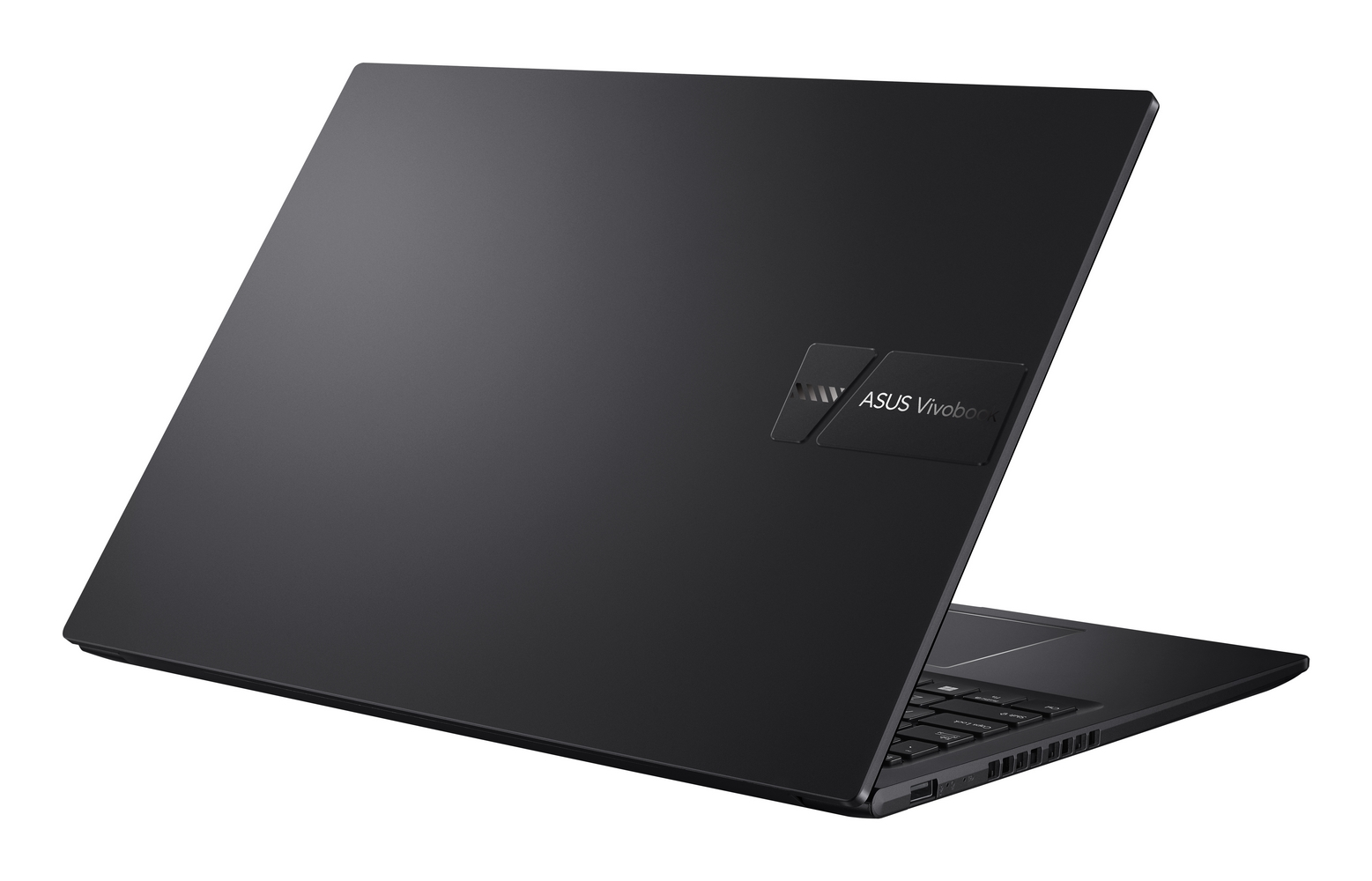 Laptop ASUS Vivobook nero, parzialmente aperto, mostra tastiera e logo.