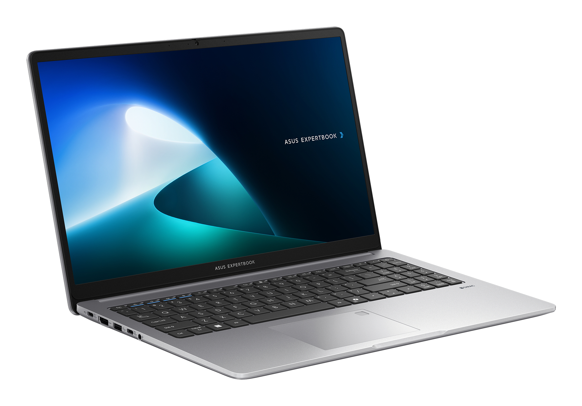 Un laptop ASUS Expertbook argento con tastiera retroilluminata e sfondo blu astratto.