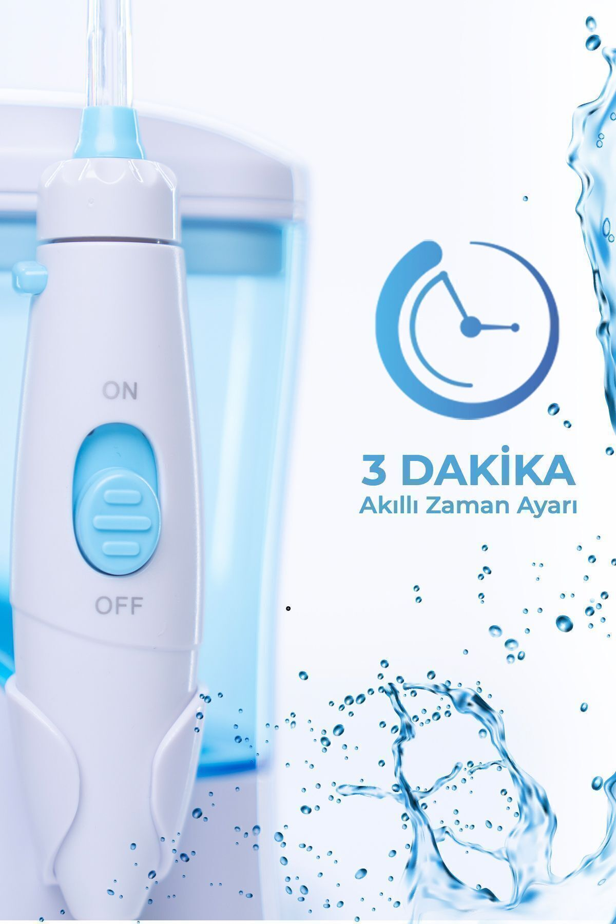 Mavi kontrol düğmeli beyaz ağız duşu ve su sıçraması.
