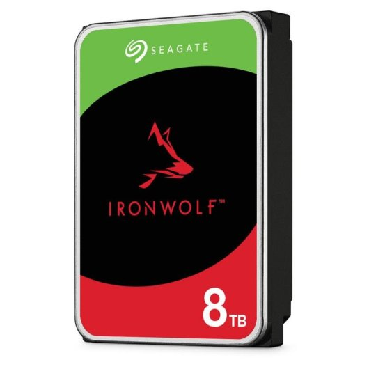 Hard disk Seagate IronWolf da 8TB con logo lupo rosso su sfondo nero.