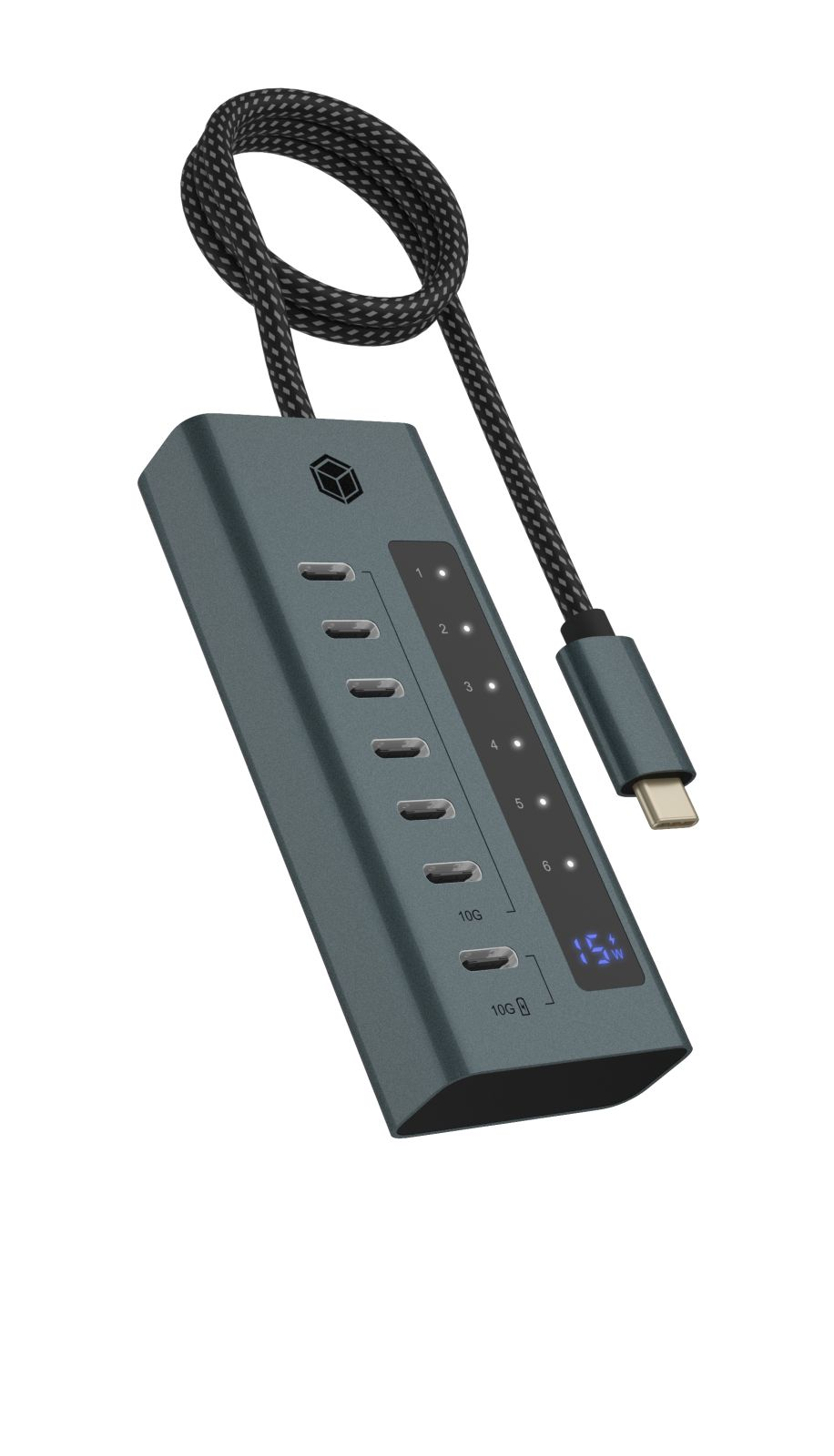 Hub USB-C grigio con sei porte, un cavo e un display.