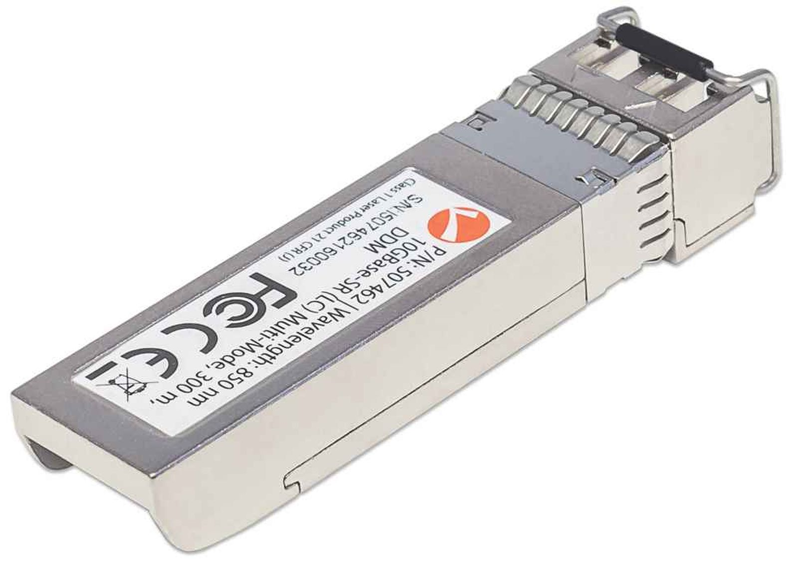 Un transceiver SFP argentato con etichetta che indica 10GBase-SR, 850 nm e LC Multi-Mode.