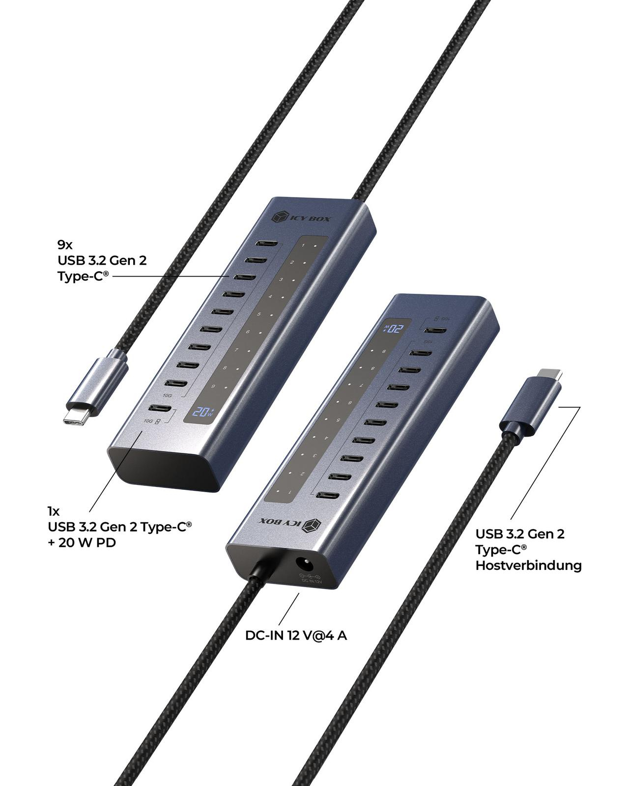 Deux hubs USB ICY BOX gris avec plusieurs ports Type-C et câbles.