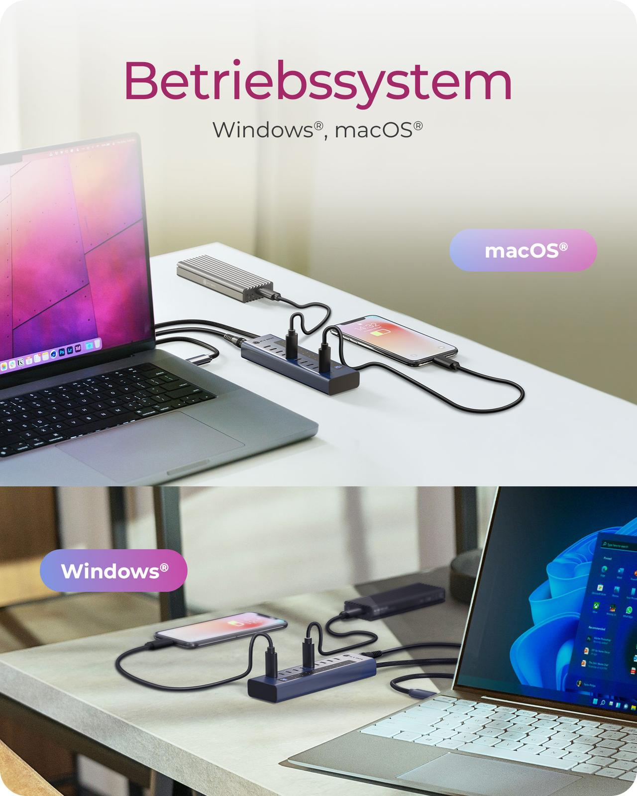 Ordinateur portable avec hub, smartphone et disque externe connectés, pour macOS et Windows.