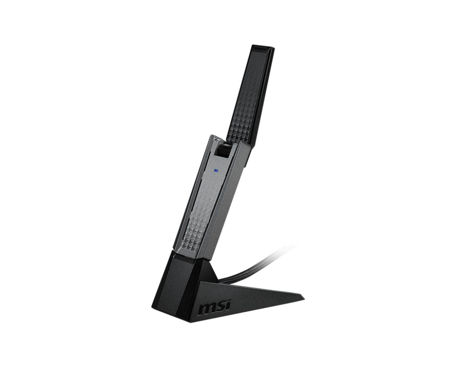 Schwarze MSI-Antenne mit blauem Licht auf einem Ständer, verbunden durch ein schwarzes Kabel.