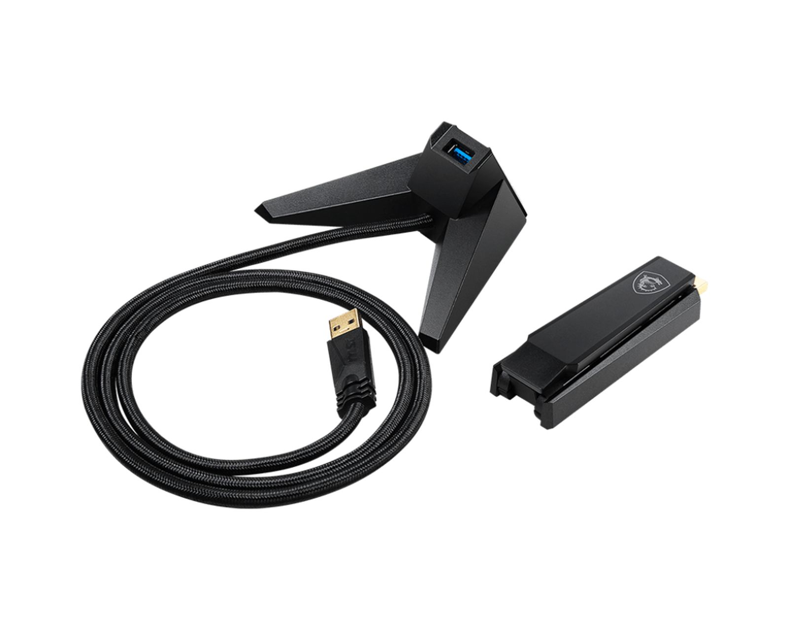 Schwarzer USB-Hub-Ständer mit einem Kabel und einem USB-Stick. Weißer Hintergrund.