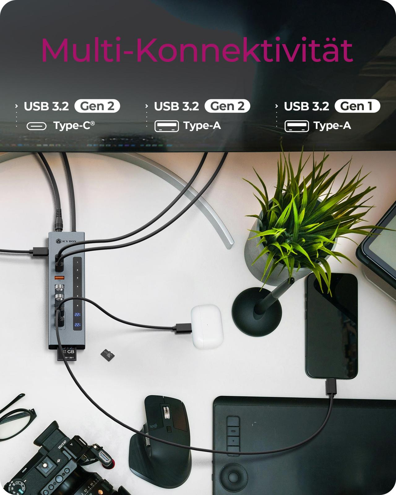 Bureau avec hub USB, smartphone, écouteurs, appareil photo, souris et plante.