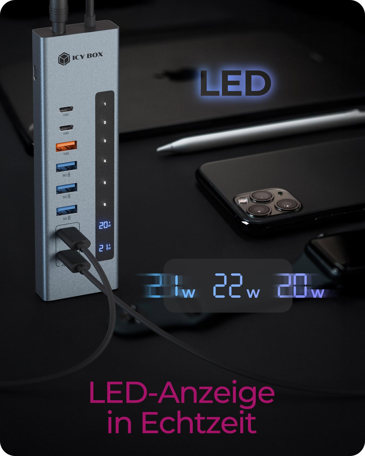 Chargeur gris ICY BOX multipostes avec indicateurs LED affichant la puissance.