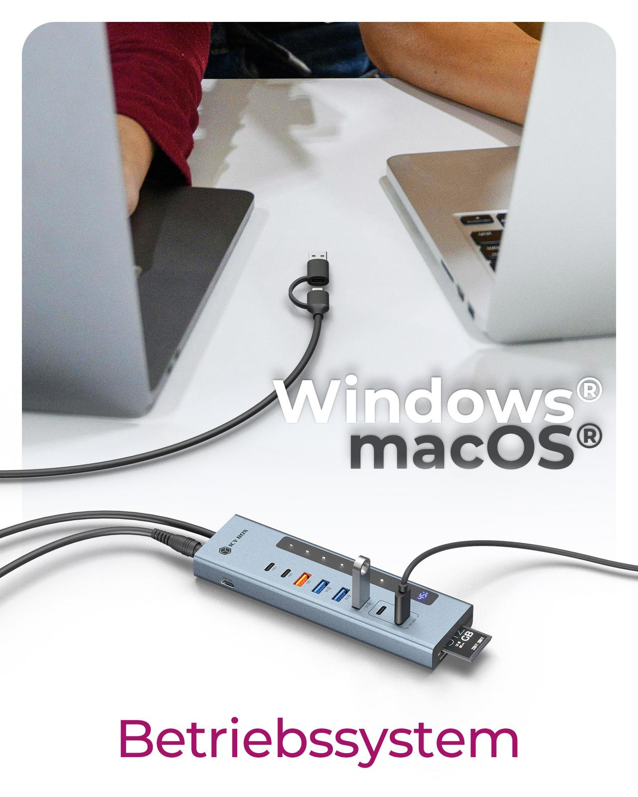 Un hub USB gris avec plusieurs ports connecté à des ordinateurs portables sous Windows et macOS.