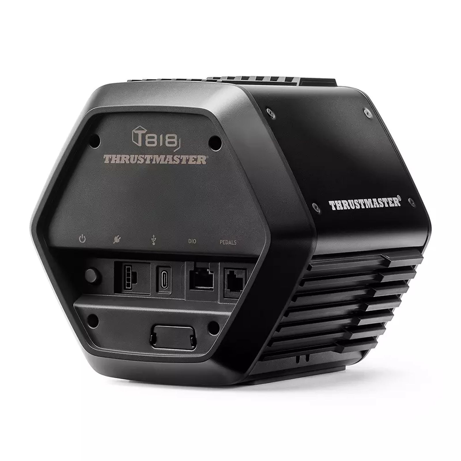 Dispositivo Thrustmaster nero con porte, prese d'aria e logo.