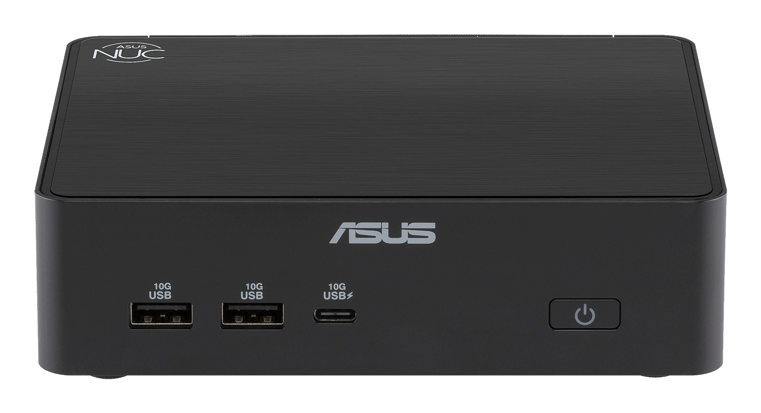 Mini PC ASUS NUC noir avec 3 ports USB, 1 USB-C et bouton d'alimentation.