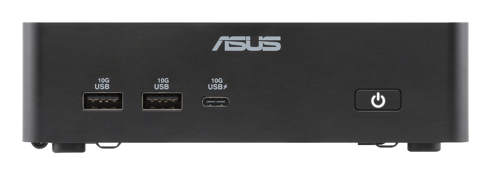 Mini PC ASUS noir avec 2x USB-A, 1x USB-C et bouton d'alimentation.