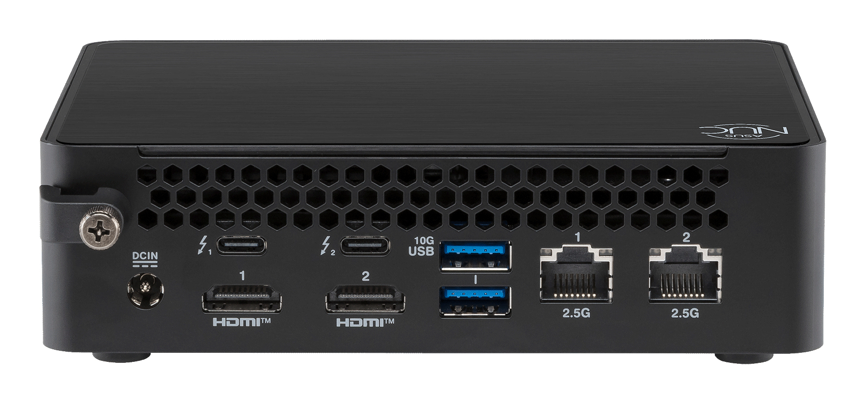 ASUS NUC noir avec ports : DCIN, 2 USB-C, 2 HDMI, 2 USB-A, 2 Ethernet.