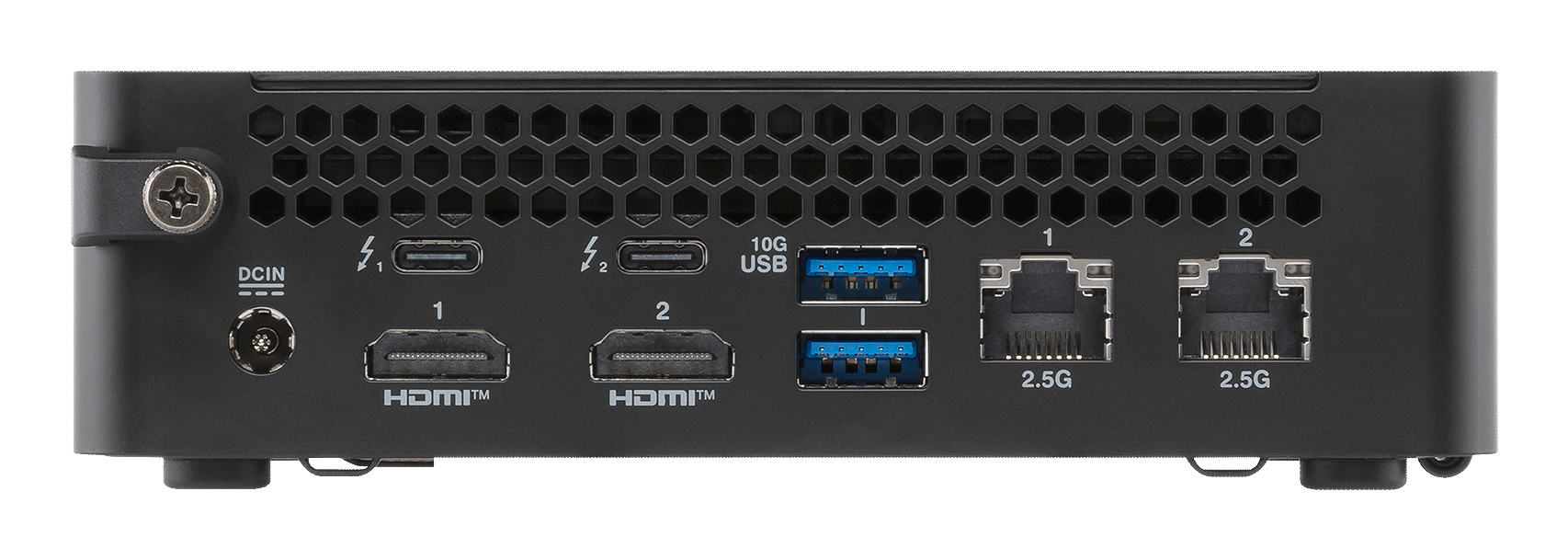 Arrière d'un mini PC noir avec ports : DCIN, 2x Thunderbolt, 2x HDMI, 2x USB-A, 2x Ethernet 2.5G.