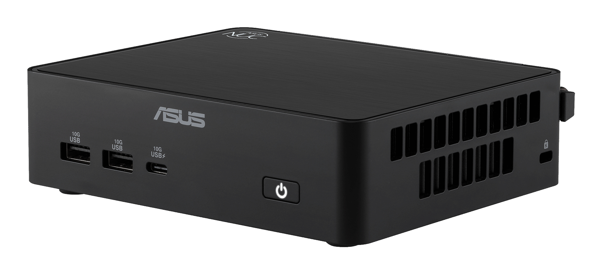 Un mini PC Asus noir avec ports USB et bouton d'alimentation à l'avant.