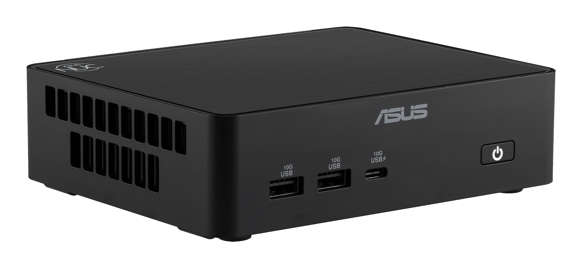 Mini PC noir avec aérations, logo ASUS et ports.
