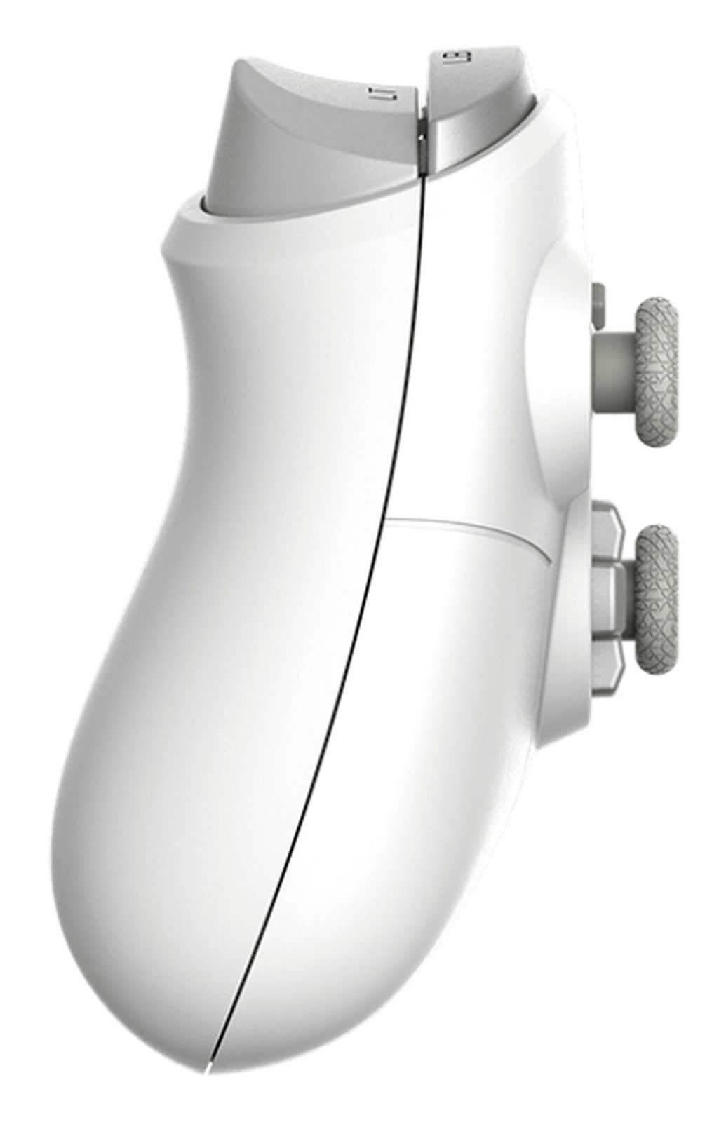 Ein weißer Gaming-Controller mit grauen Knöpfen und einem schwarzen Kabel.