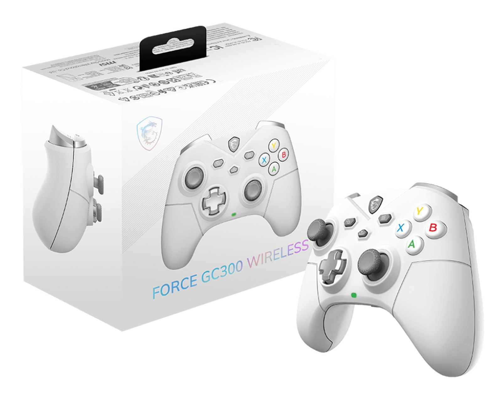 Ein weißer Gamecontroller und seine Verpackung sind auf weißem Hintergrund zu sehen.