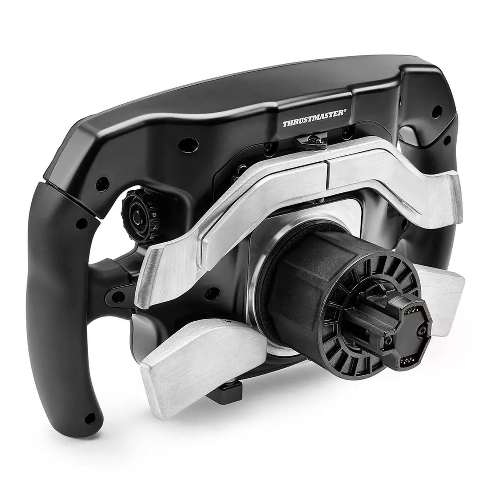 Volante de carreras Thrustmaster negro con detalles plateados sobre fondo blanco.