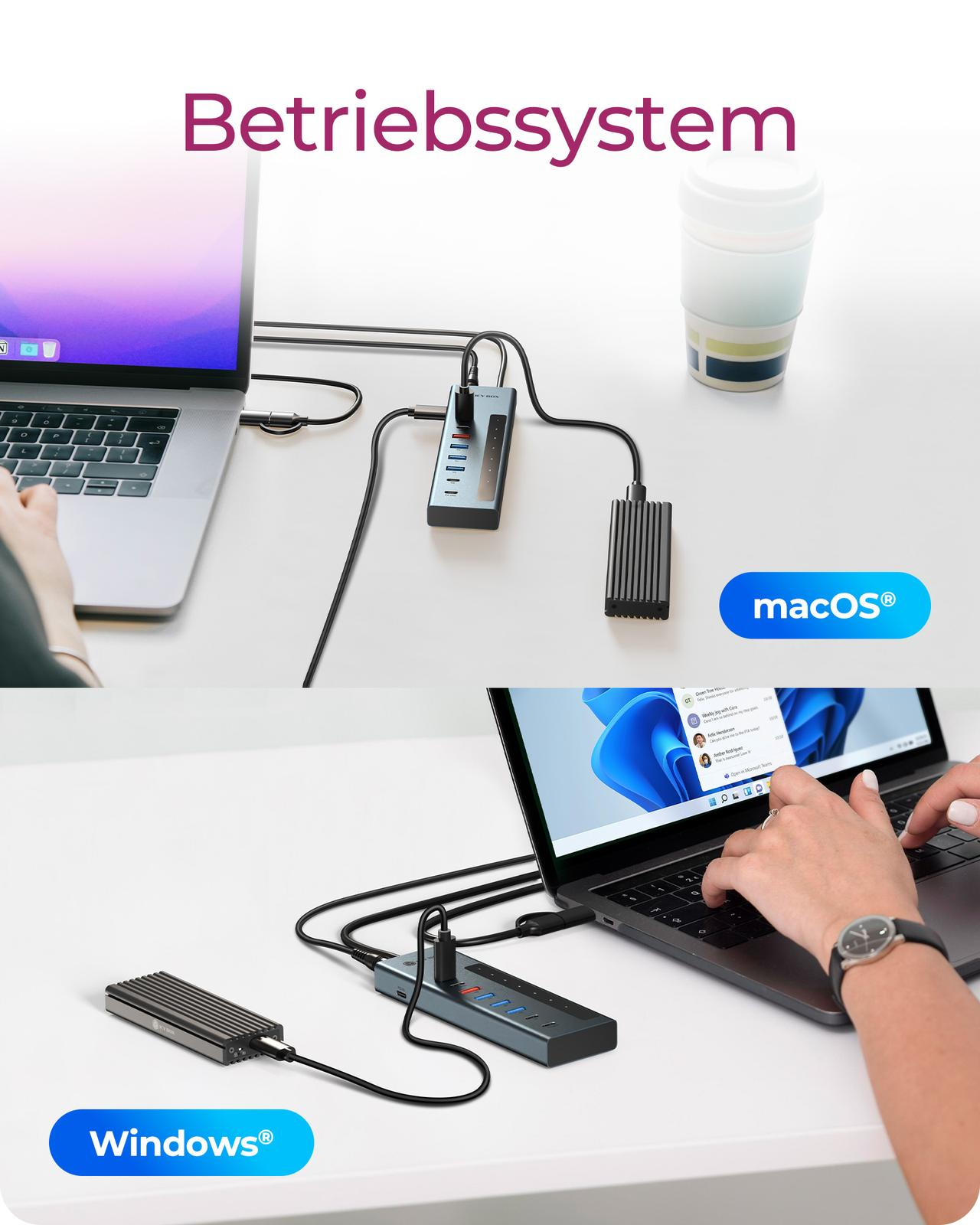 Eine obere und untere Ansicht zeigt Laptops, die mit USB-Hubs und externen Festplatten verbunden sind.