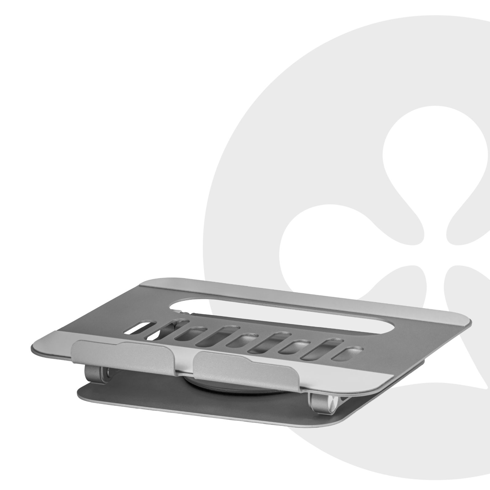 Un supporto d'argento per laptop con fessure di ventilazione.